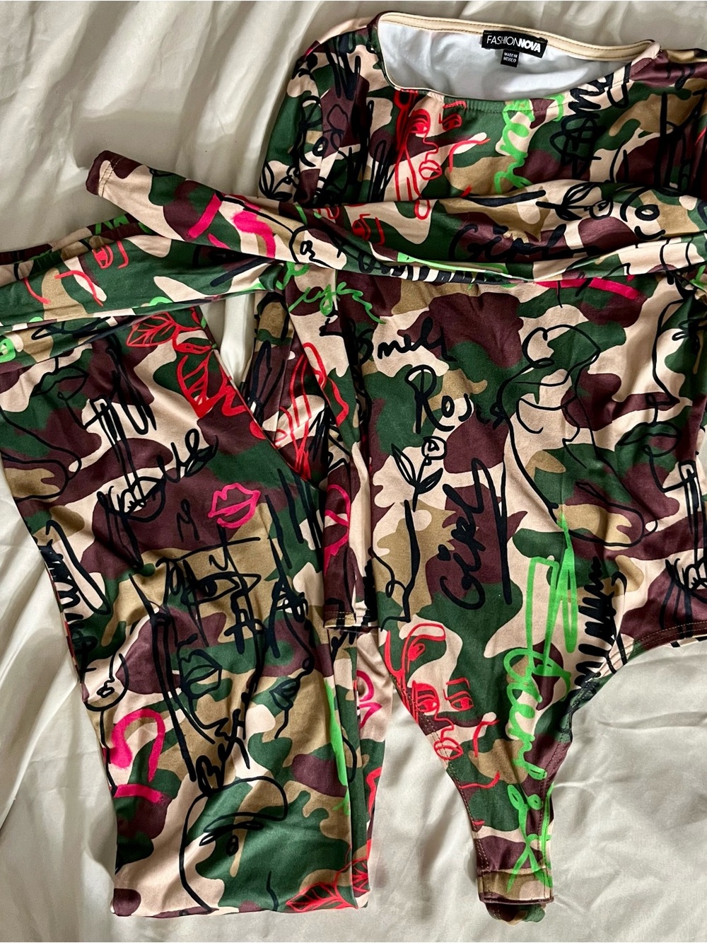 Fashion Nova Camo Bodysuit with pants with Neon Pink & Neon Green Graffiti